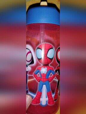 Spiderman Kids Water Bottle in Red and Blue with A Straw and a Blue Lid